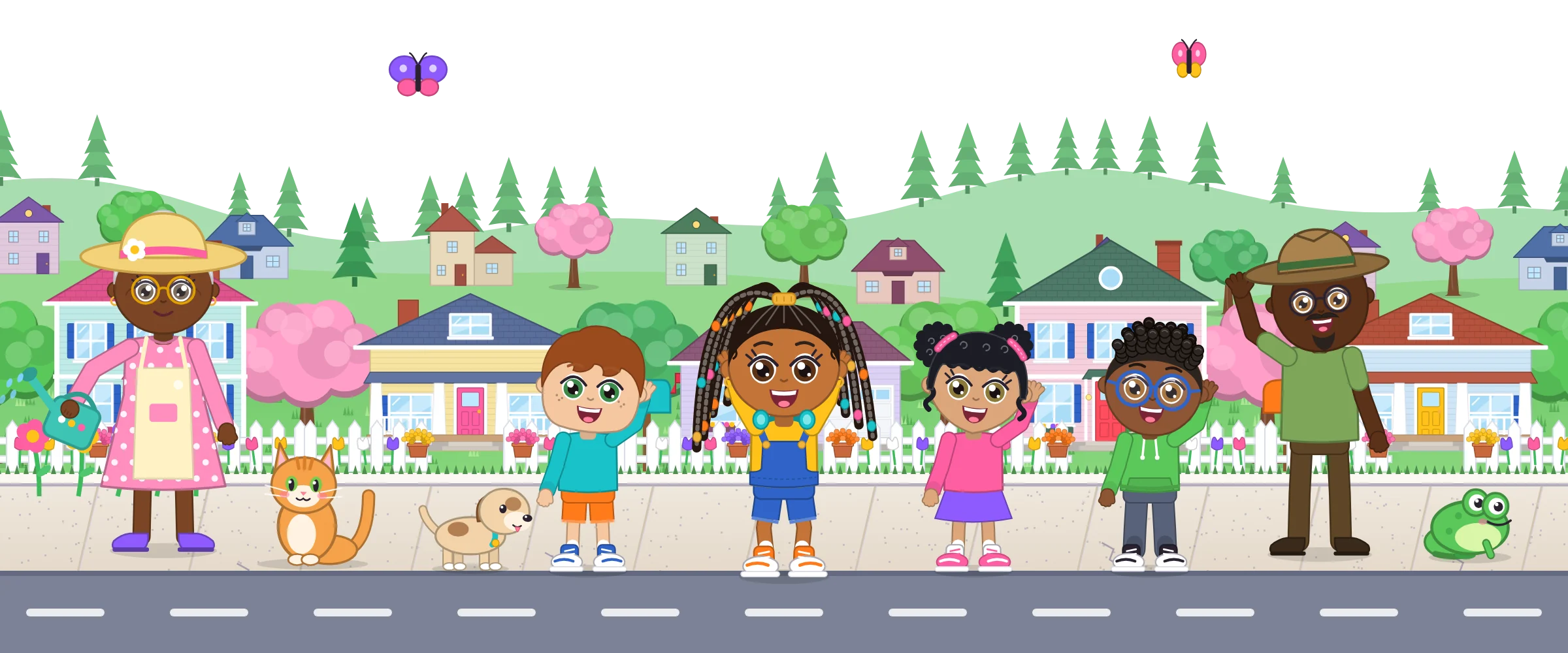 Nomi, Leo, Mei and Malik waving on their sunny street with Grandma Pearl watering flowers, Biscuit the puppy, a cat, a frog and Mr. Darnell.